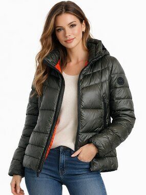 Michael Kors Down Puffer Jacket Coat Olive Green Orange Large